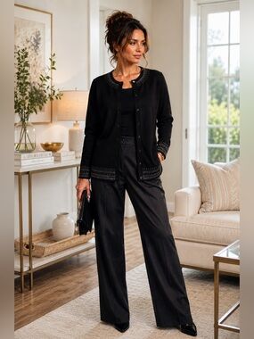 Rochelle Black Beaded Rhinestone Cardigan Sweater Glam Evening Jacket M